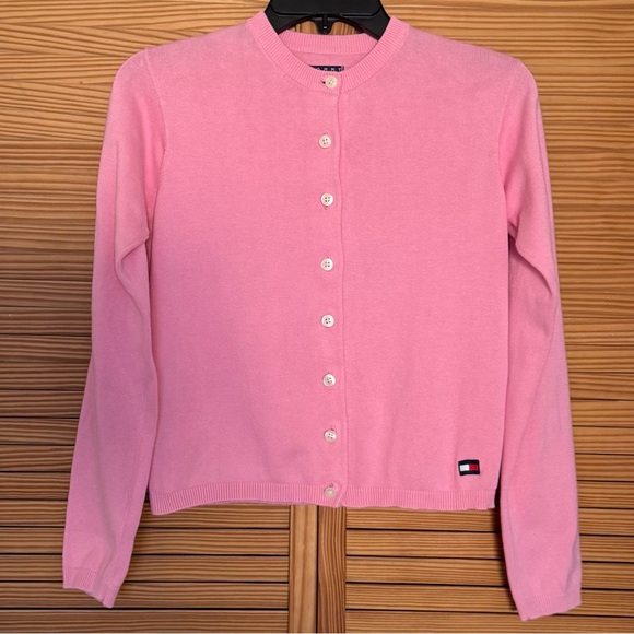 Vintage TOMMY HILFIGER Y2K Pink Cardigan Set Xs S M 90s Baby Tee Cropped - Picture 14 of 17